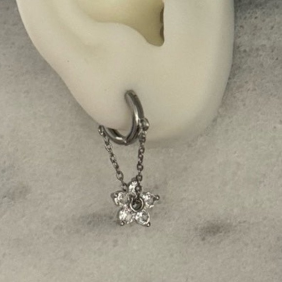 Sterling Silver Crystal Flower Chain Dangle Huggie Hoop Earrings Brand New - Picture 3 of 3